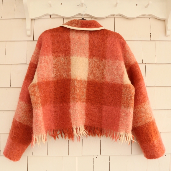 Upcycled Mohair Plaid Wool Jacket with Fringe Pink Peach Cream Brown M • L - Picture 3 of 8